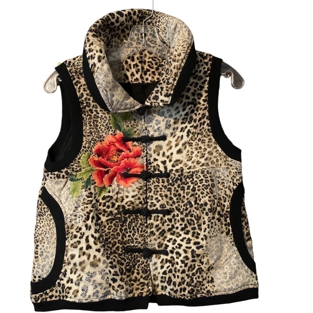 Cheetah Print Vest with Floral/Peacock Embroidery